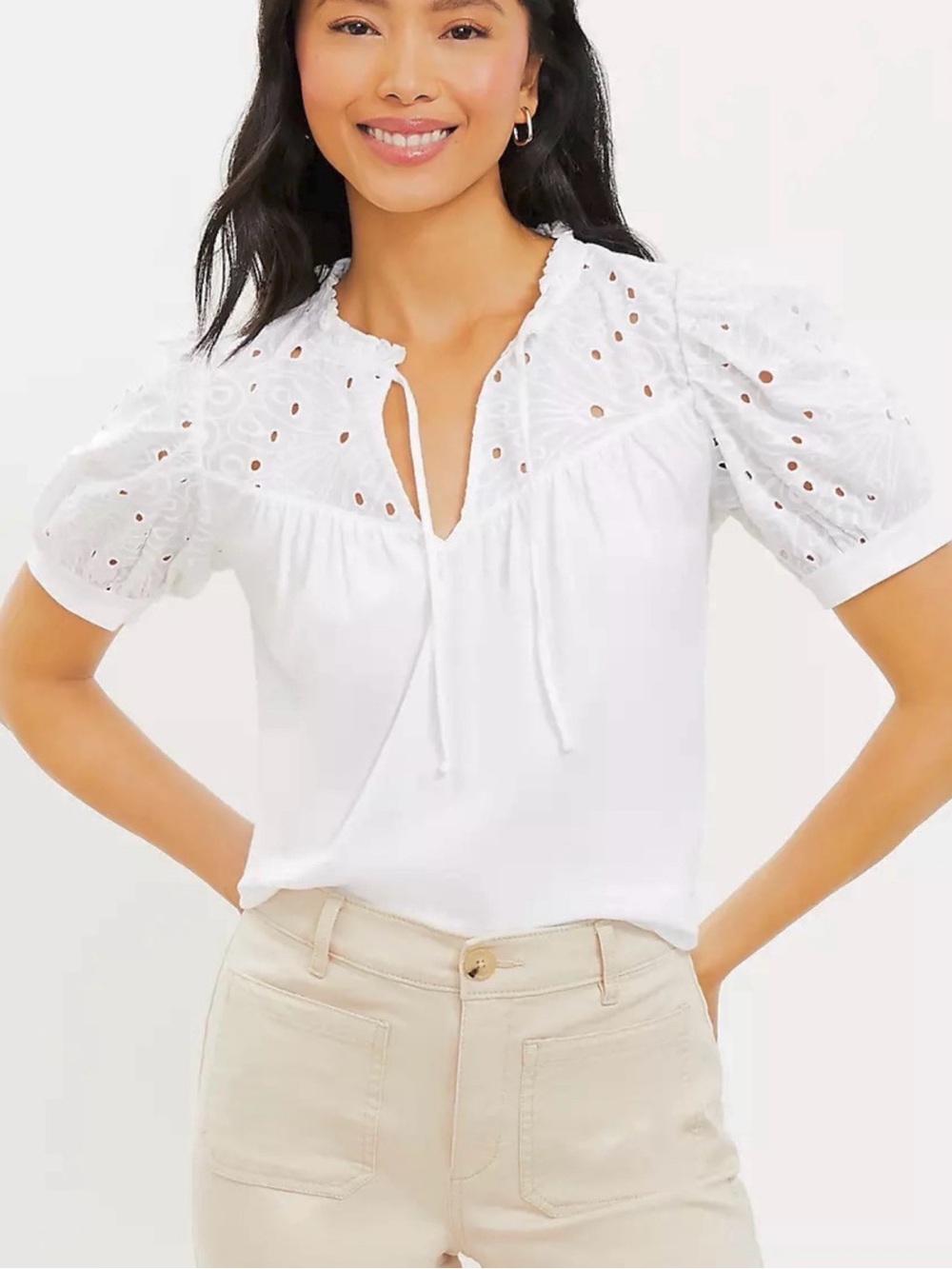 Loft Petite Large Eyelet Split Neck Puff Sleeve Blouse White